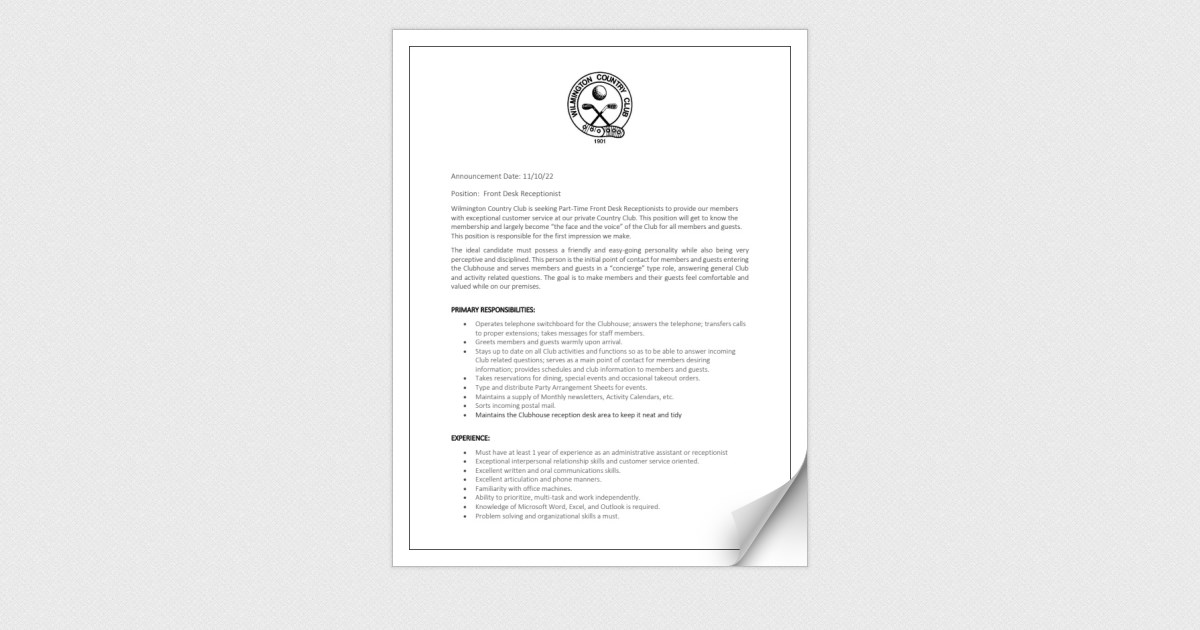 Job Announcement Front desk Receptionist v2