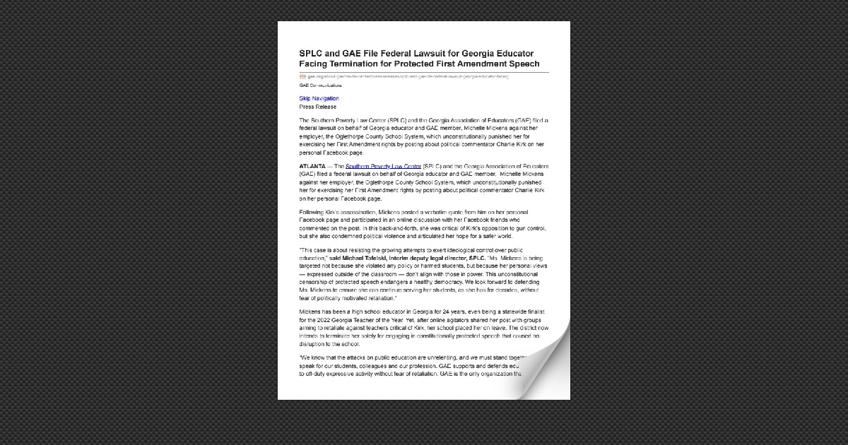 SPLC and GAE File Federal Lawsuit for Georgia Educator Faci…