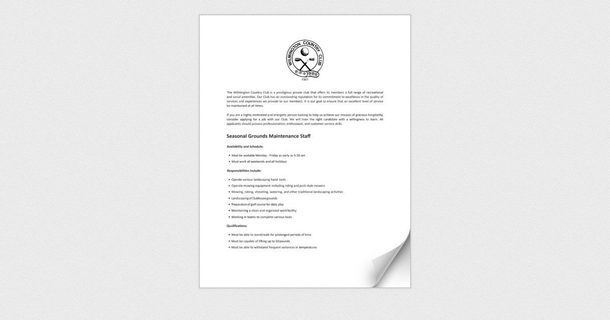 Job Announcement Seasonal Grounds Maintenance Staff