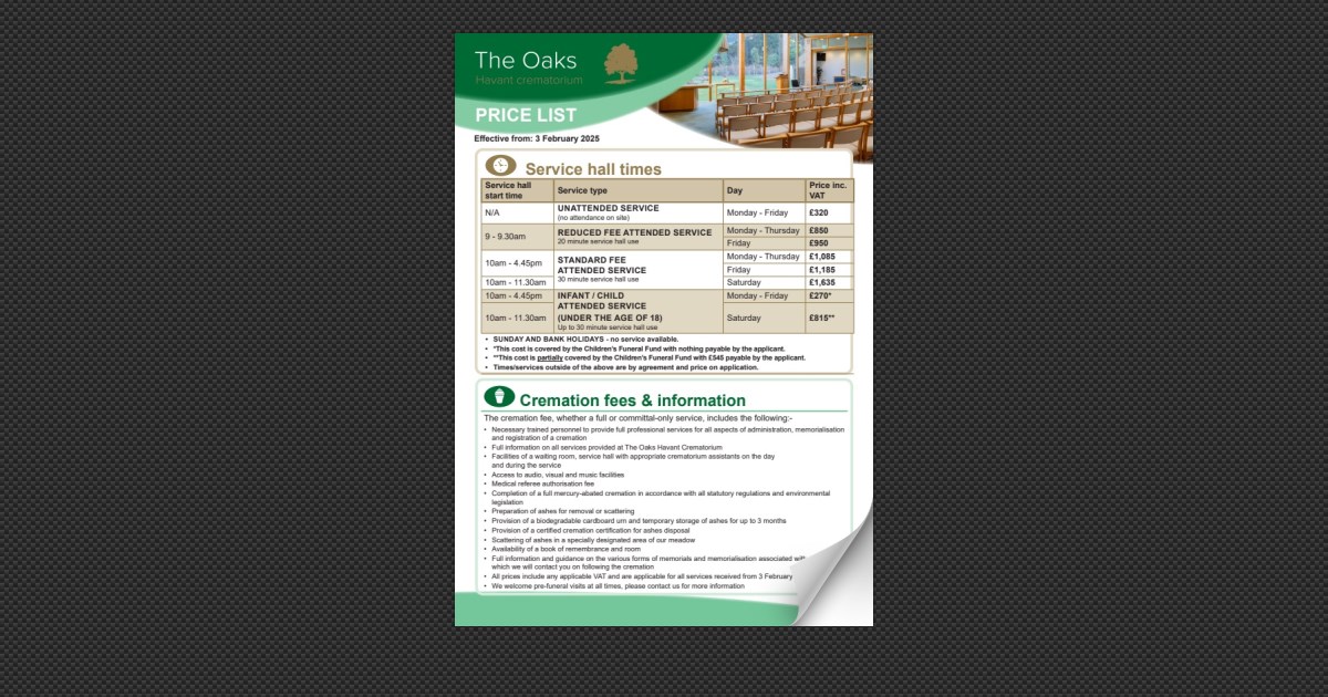 The Oaks Crematorium Price List (A4)