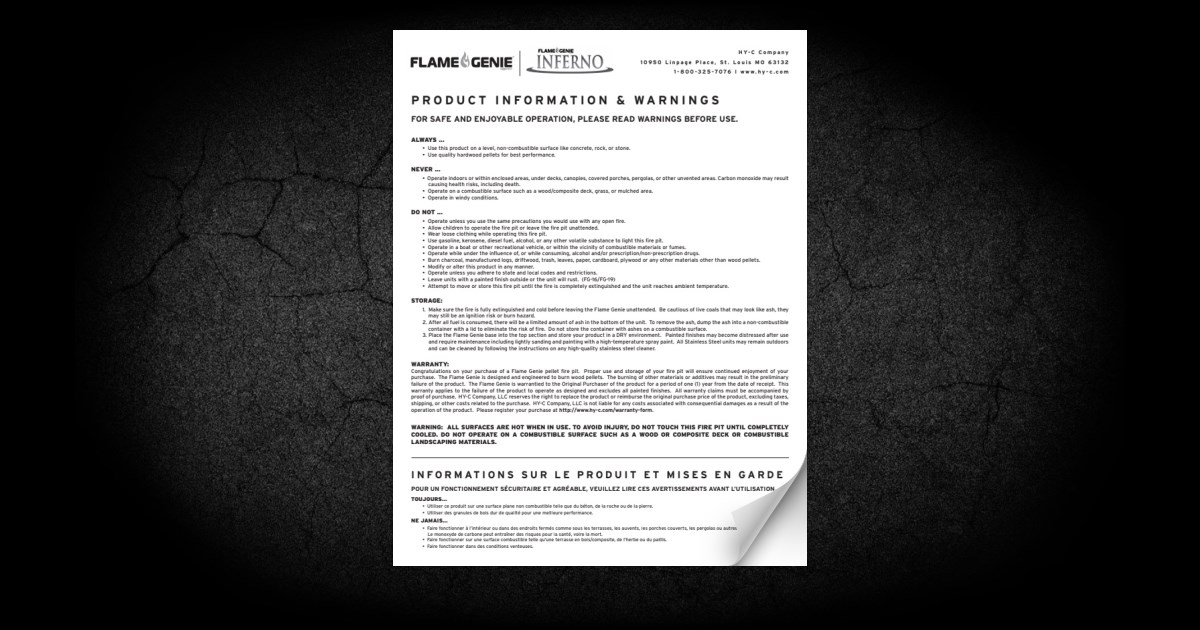 Flame Genie Product Information Warnings