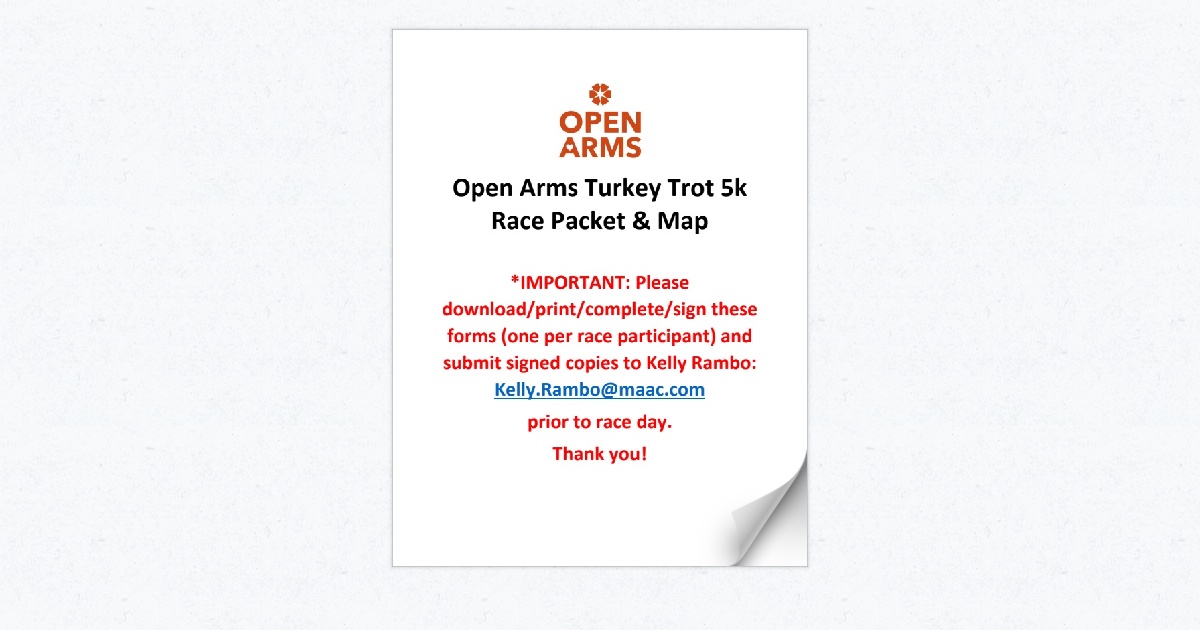 Open Arms Turkey Trot 5k Race Packet