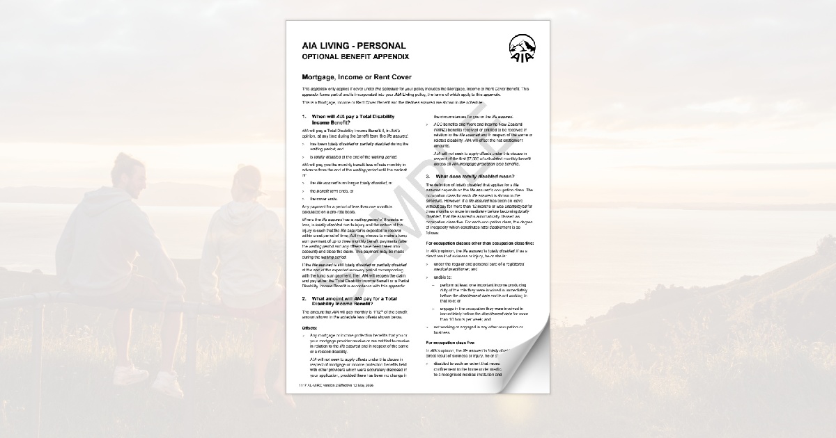 AIA Living Mortgage, Income or Rent Cover Policy Wording