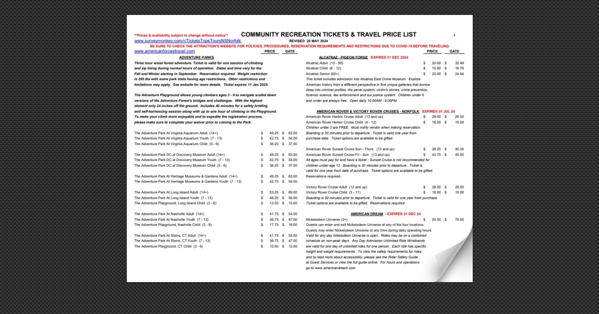 Navy MWR Tickets & Travel Price List Page 38