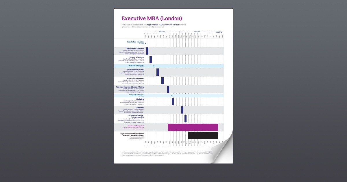 Executive MBA London timetable September 2025 evening format